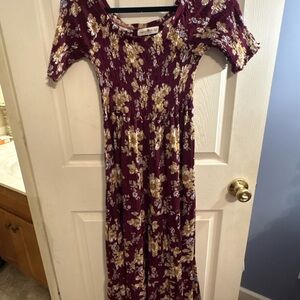 Olive & Oak Burgundy Maxi Dress with Gold Floral Print